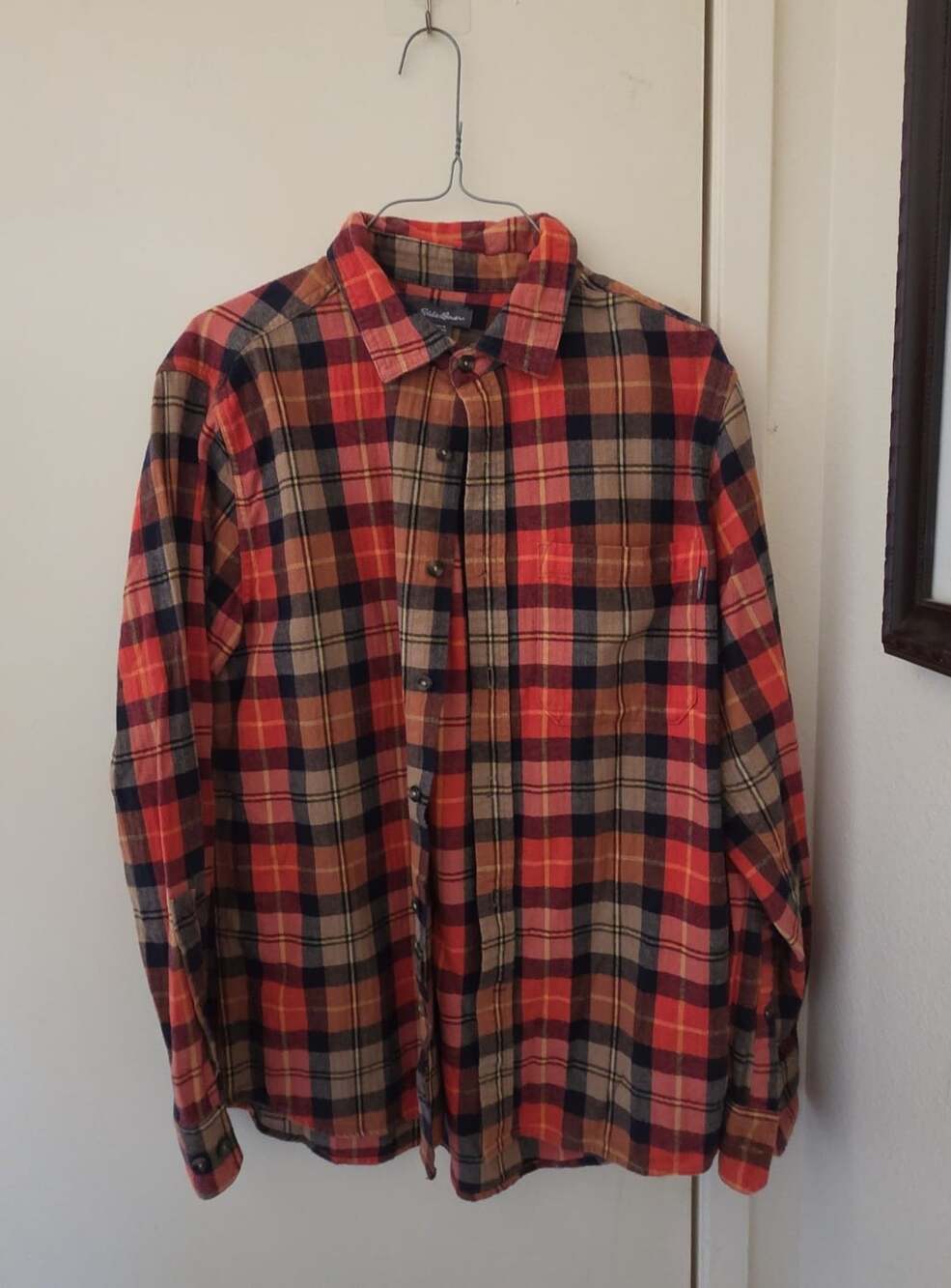 Eddie Bauer Men's Plaid Flannel Shirt Size M Orange Long Sleeve